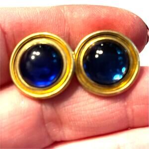 Vintage Krementz Cufflinks gold rounds blue glass centers & tips classic dressy